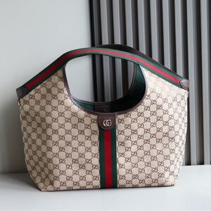 Gucci Beige Monogram Shoulder Bag with Green and Red Stripes
